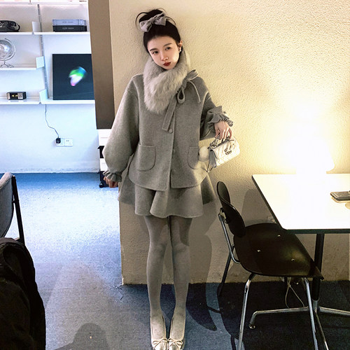 渔小平 花漾 100羊毛手工双面呢套装女秋冬法式气质千金风两件套