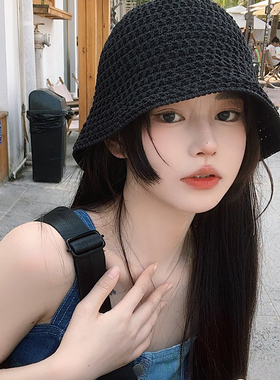 编织渔夫帽女夏季薄款透气日系显脸小水桶盆帽黑色韩版大头围帽子