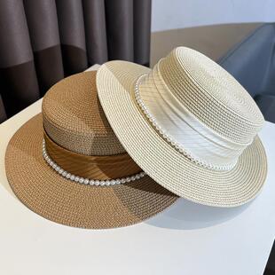 法式 度假出游防晒遮阳平顶太阳帽草帽潮 优雅绸缎珍珠礼帽子女夏季