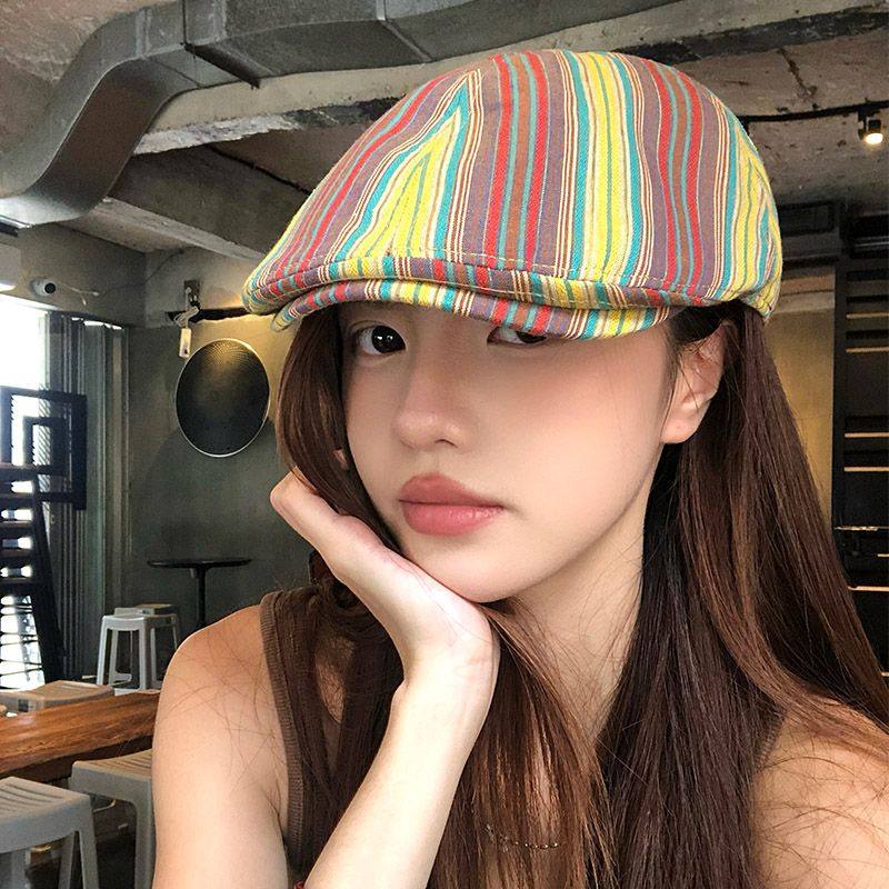 雅卓人日系文艺复古条纹前进帽情侣街头嘻哈街舞贝雷帽鸭舌帽子