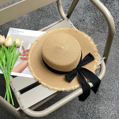 草帽女夏季蝴蝶结平顶拉菲草