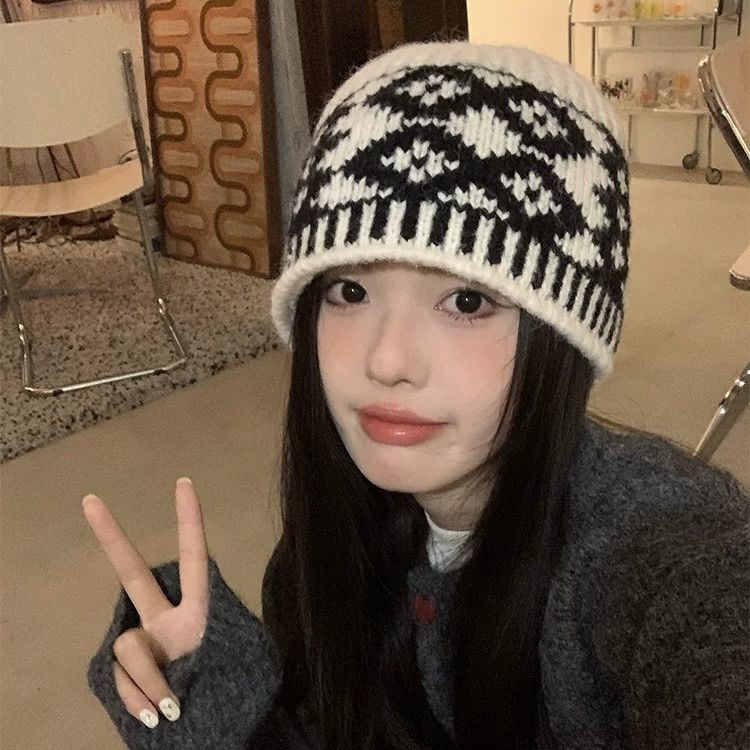菱形格子渔夫帽女秋冬季显脸小