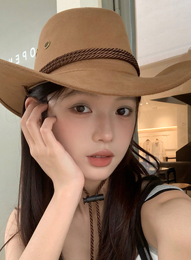 美式复古西部牛仔帽子女夏季防晒大檐显脸小登山帽沙滩海边遮阳帽