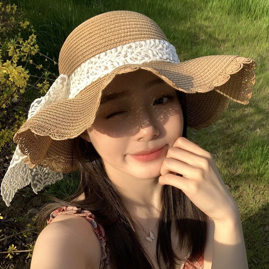 波浪边蕾丝蝴蝶结草帽女春夏季海边沙滩大帽檐太阳帽度假风遮阳帽