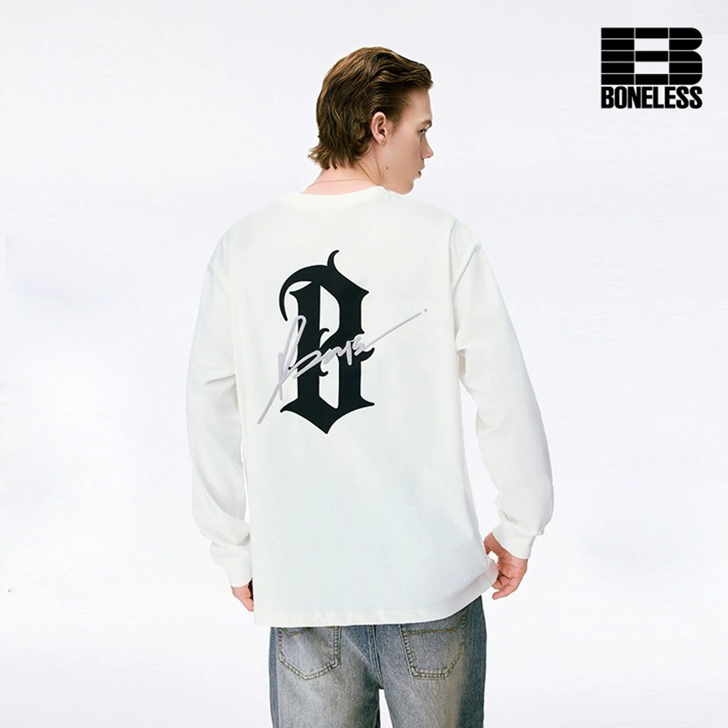 BONELESS新哥特B印花刺绣长袖T恤