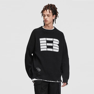 BONELESS网格B字提花套头毛衣下摆破坏高街潮牌宽松休闲情侣上衣