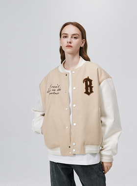 BONELESS 弧形logo毛巾绣拼接棒球服美式复古男PU皮刺绣夹克外套