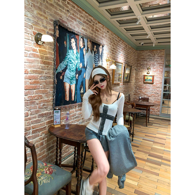 CAFE ROSE天丝羊毛印花长袖打底衫女秋冬新款圆领显瘦内搭t恤上衣