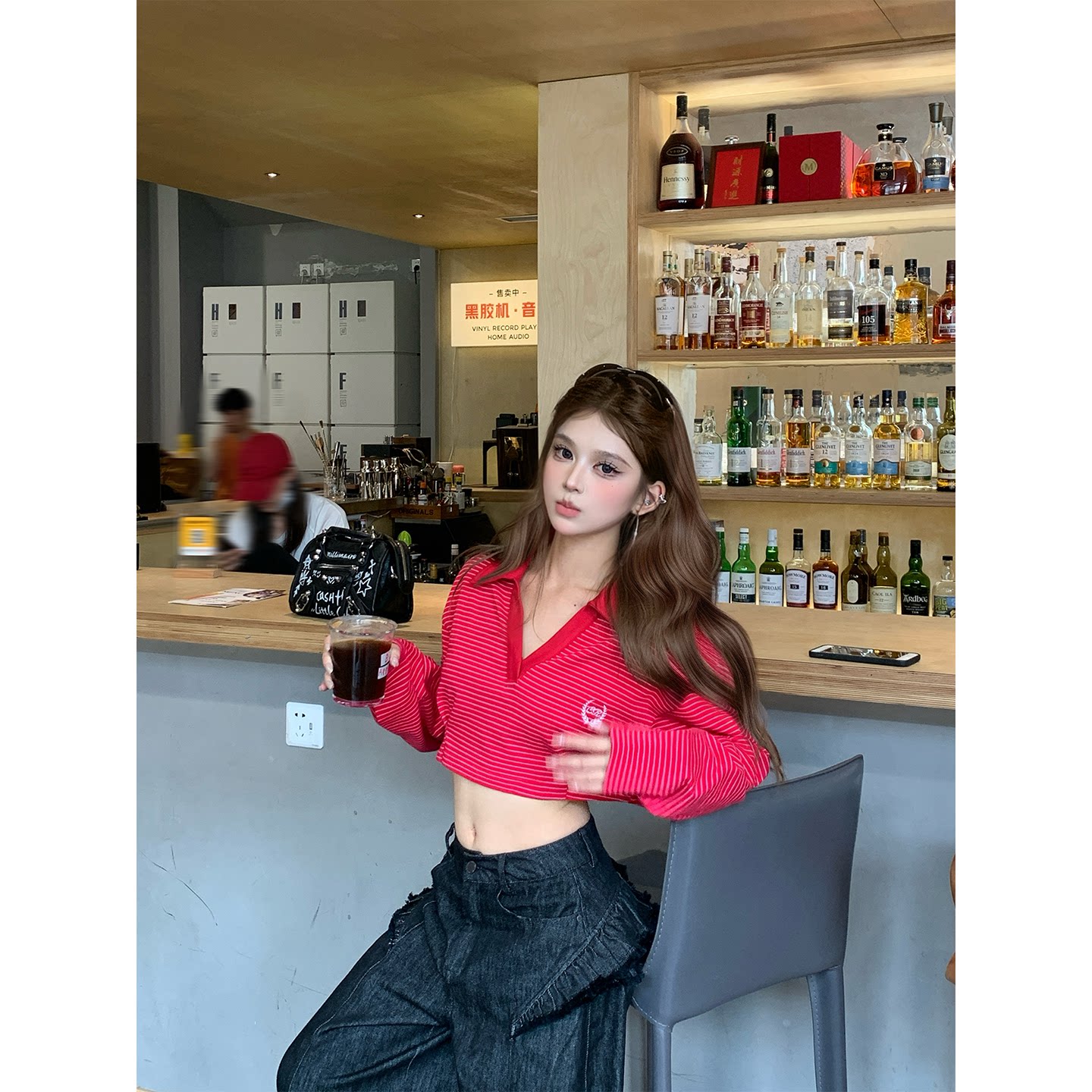 CAFE ROSE长袖撞色条纹V领套头卫衣女春季新款宽松显瘦百搭上衣潮