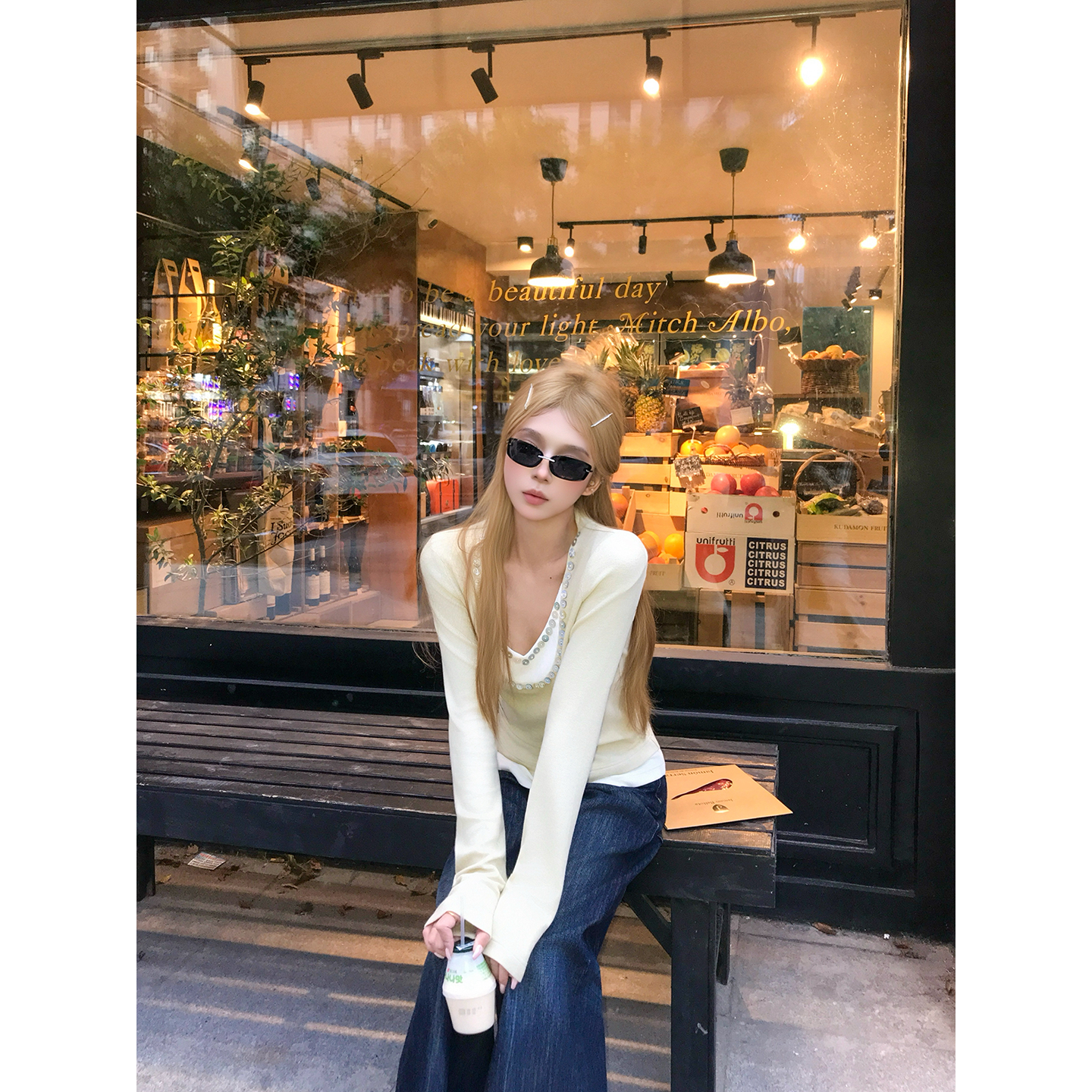 CAFE ROSE 亮片假两件长袖打底衫女秋季新款V领百搭T恤内搭上衣潮