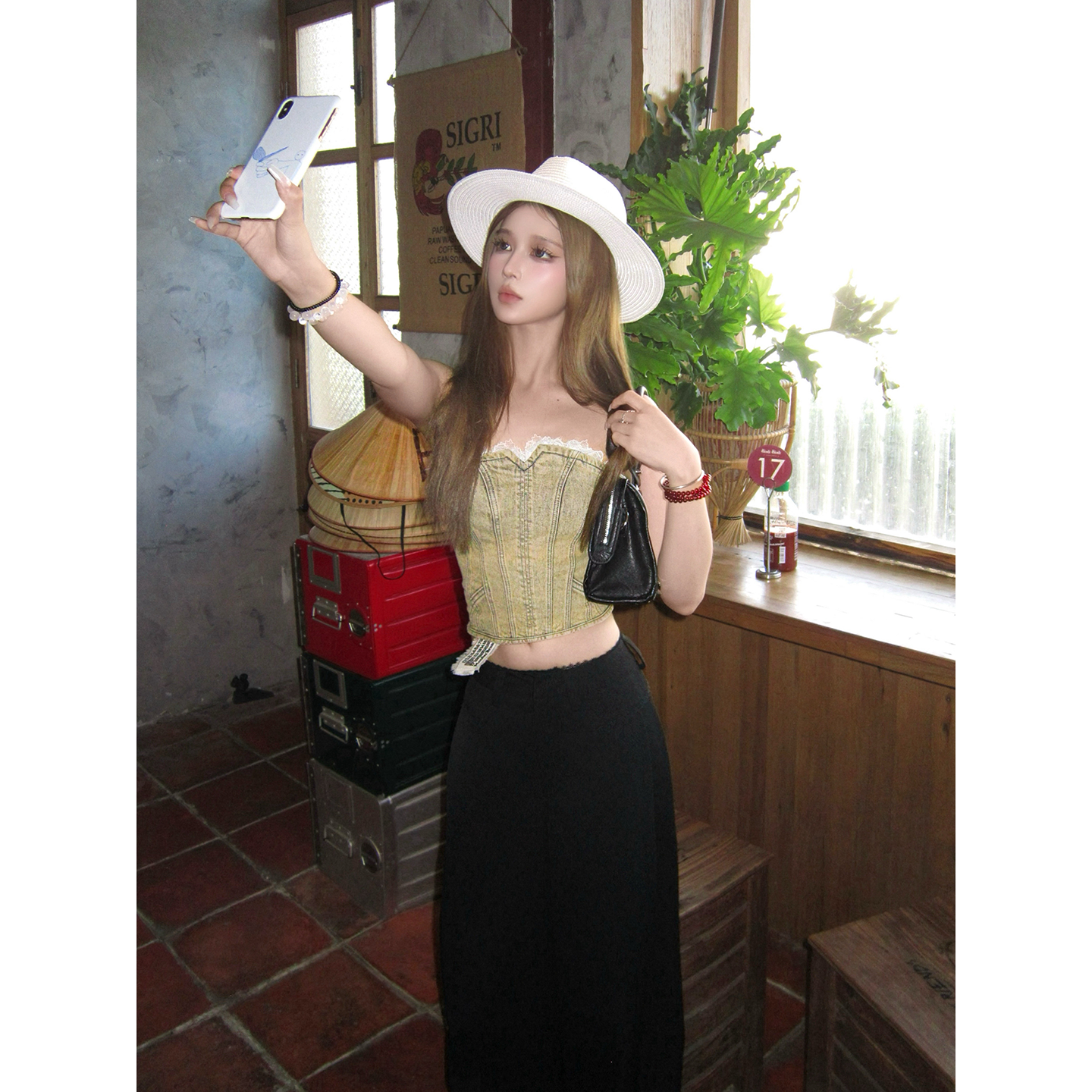 CAFE ROSE 蕾丝花边牛仔抹胸女夏季新款修身显瘦百搭短款无袖上衣