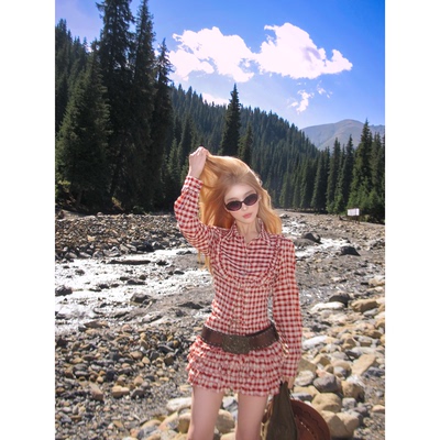 CAFE ROSE 裙子套装女秋冬新款高级感长袖衬衣格子衬衫蛋糕裙马甲