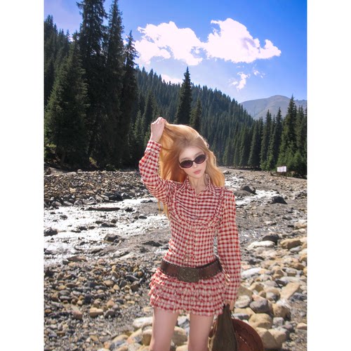 CAFE ROSE 裙子套装女秋冬新款高级感长袖衬衣格子衬衫蛋糕裙马甲