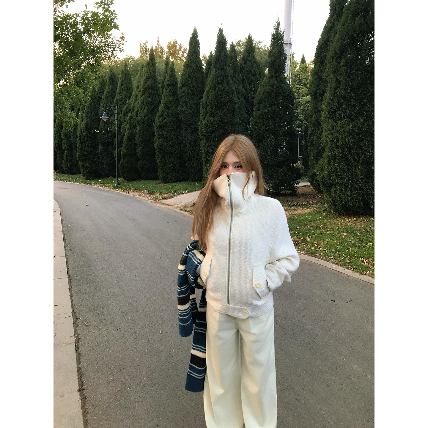 CAFE ROSE 高领拉链短款毛呢外套女冬装新款宽松百搭羊毛呢子大衣