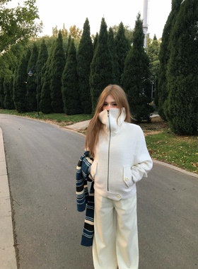 CAFE ROSE 高领拉链短款毛呢外套女冬装新款宽松百搭羊毛呢子大衣