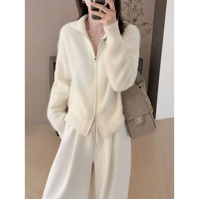 仓美美女装-双拉链毛感立领羊毛针织衫开衫