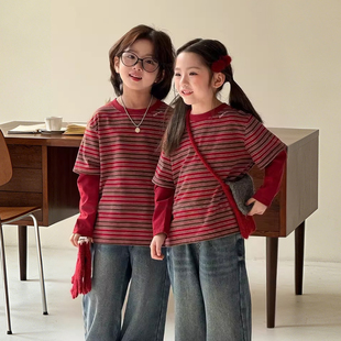 儿童红色条纹T恤2026春秋季新款男女童假两件上衣洋气长袖打底衫