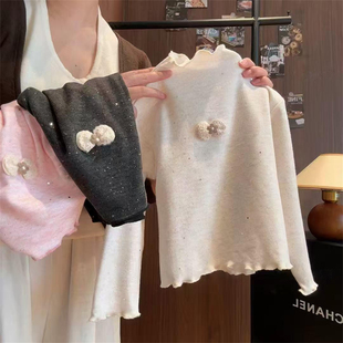 中大童打底衫2025春秋季新款儿童木耳半高领撒银纯色亮片长袖上衣