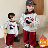小猫印花加厚保暖卫衣裤 中大童棉质加绒套装 秋冬2025新款 子两件套