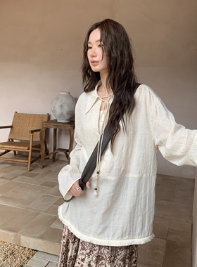 TCCW气质时尚棉麻绑带衬衫女秋季新款Best U百搭纯色长袖衬衣上衣