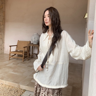 U百搭纯色长袖 TCCW气质时尚 衬衣上衣 Best 新款 棉麻绑带衬衫 女秋季