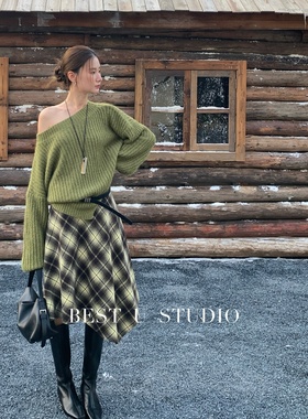 TCCW复古撞色格纹不规则半身裙女秋季新款Best U百搭显瘦A字中裙