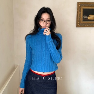 TCCW蓝色高领麻花纹针织衫女2026年冬季新款绞花套头毛衣软糯上衣
