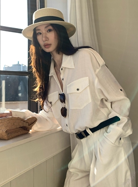 TCCW休闲白色长袖衬衫女春夏新款宽松通勤风翻领设计感衬衣上衣