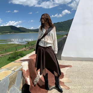 U百搭显瘦A字裙长裙 Best TCCW麂皮绒不规则纯色半身裙女秋季 新款