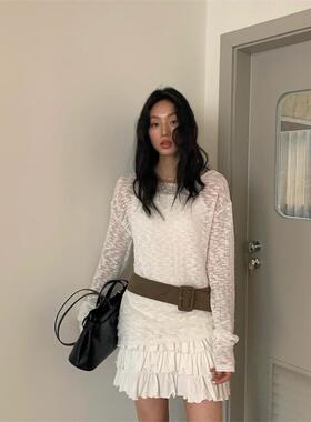 TCCW设计感小众长袖T恤女春季新款BestU纯色显瘦小衫百搭圆领上衣