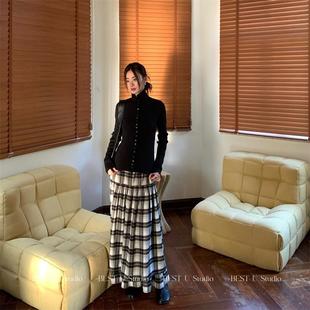 Best 韩系百搭裙子气质小众格子长裙 U设计感格纹半身裙女秋冬新款