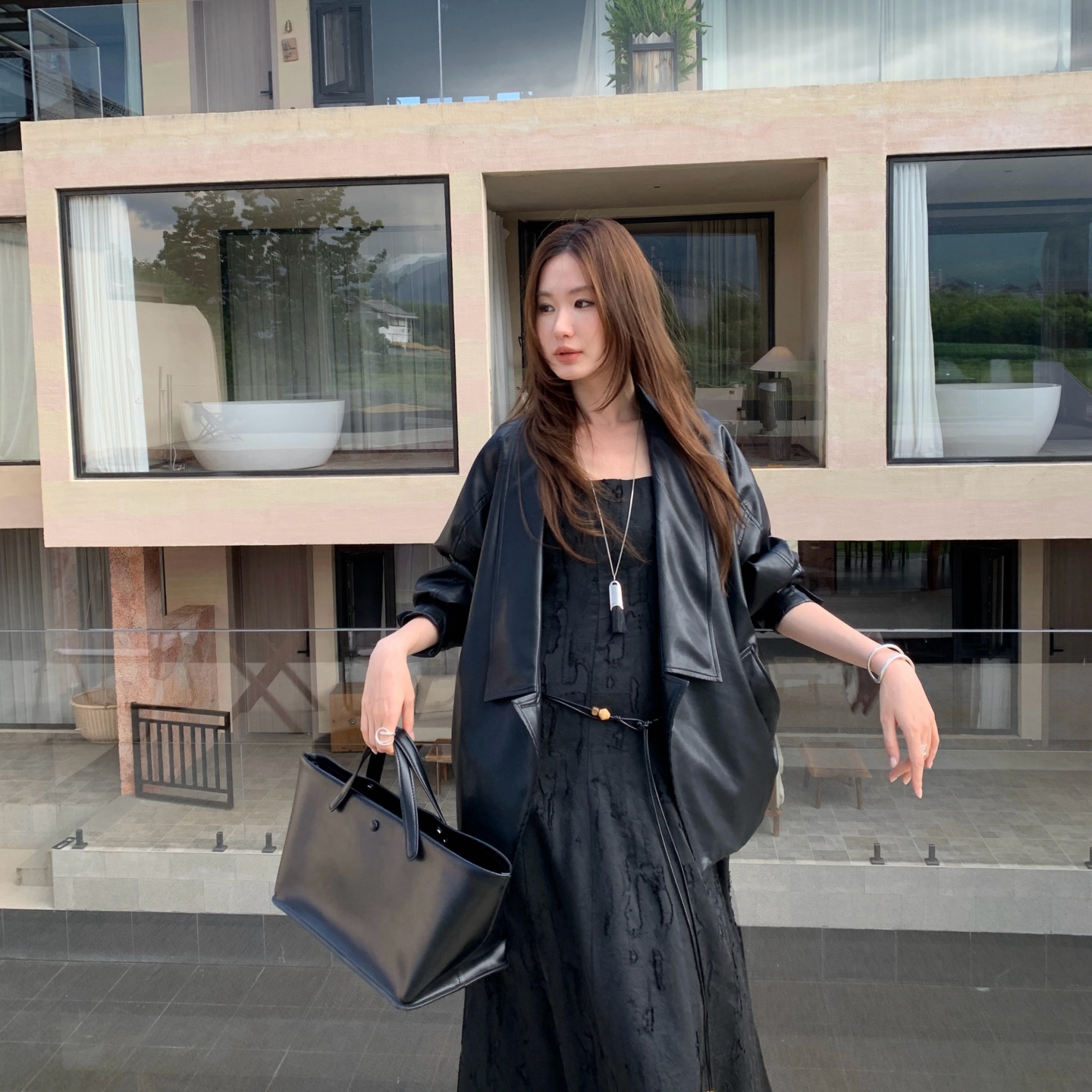 BestU复古纯色皮衣外套