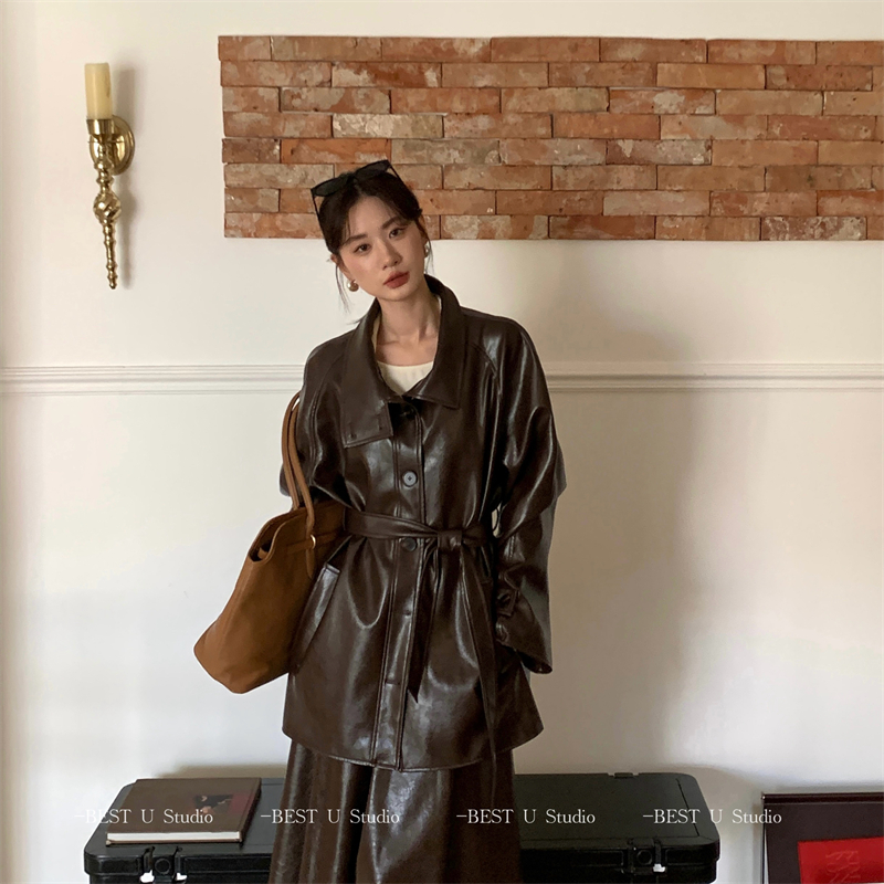 BestU中长款冬季PU绑带外套宽松