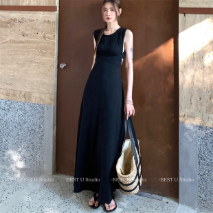 Best U法式赫本风黑色无袖背心连衣裙女夏季新款小众收腰显瘦长裙