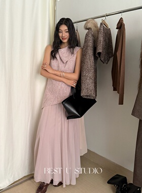 TCCW复古雪纺拼接背心连衣裙女秋冬新款Best U百搭长裙气质裙子