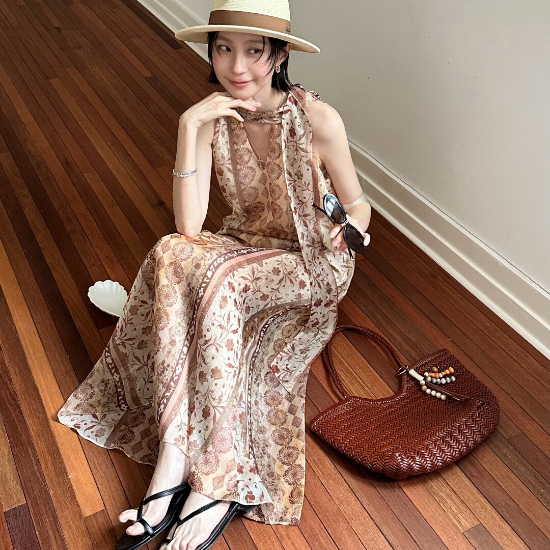 TCCW印花连衣裙女夏季新款波嬉风佩斯利花纹长裙V领度假风裙子