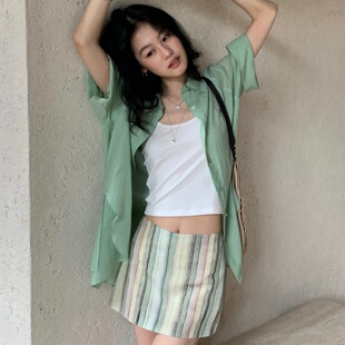 TCCW条纹半身裙女夏季新款显瘦高腰撞色短裙慵懒风百搭小众裙子