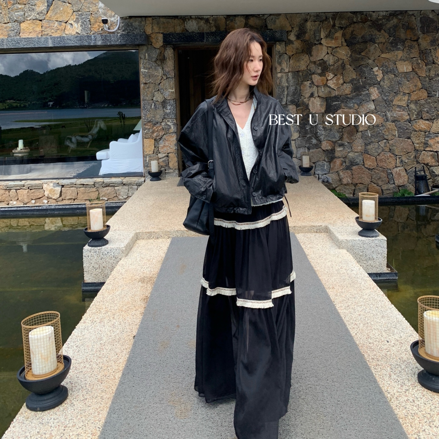 BestU复古宽松立领短外套女秋季