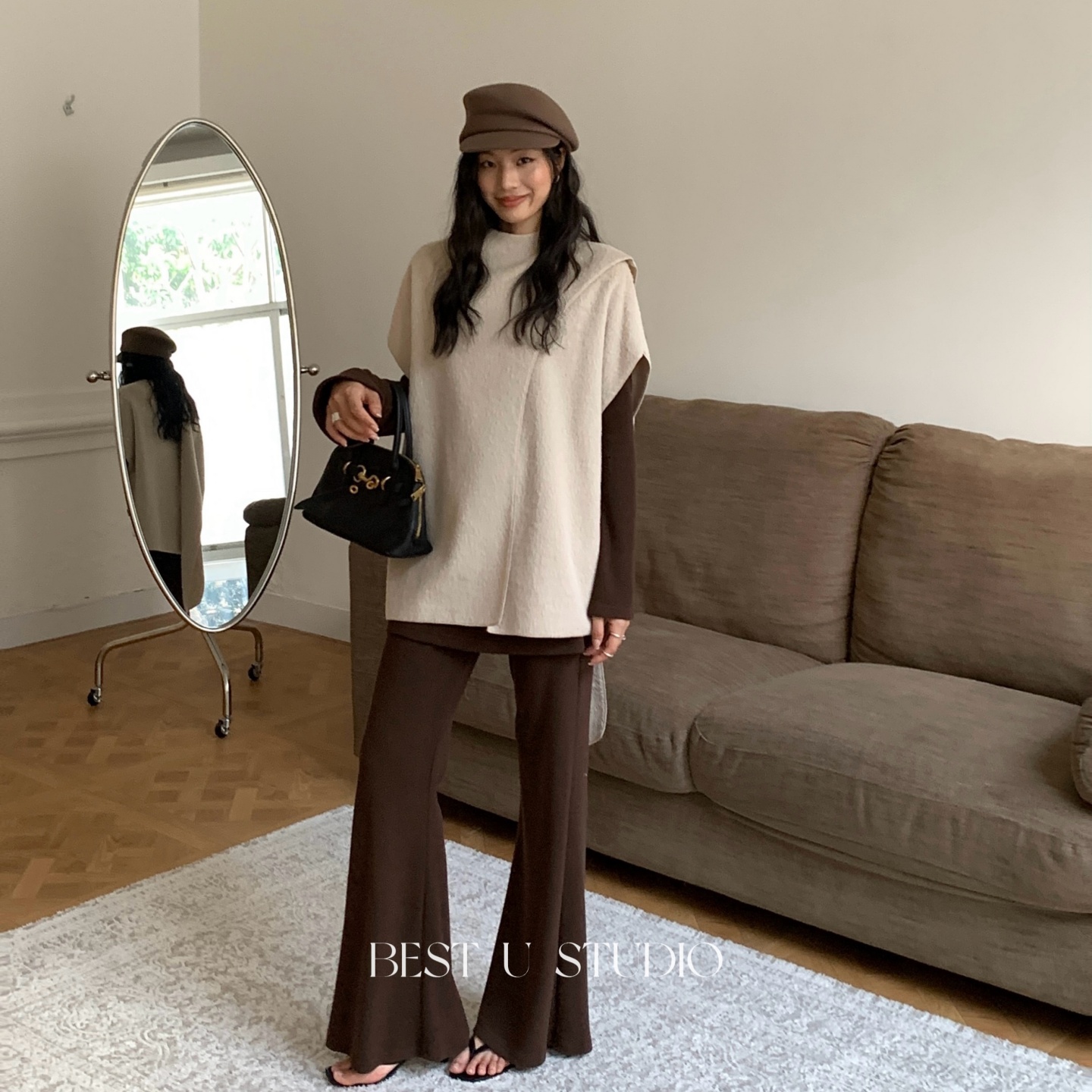 BestU小众纯色休闲微喇裤女