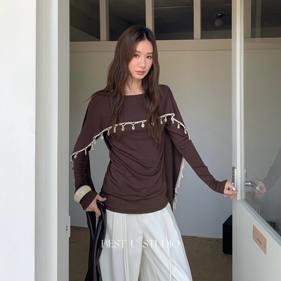 BestU波嬉风重工流苏长袖T恤秋季