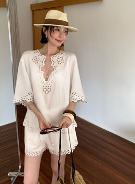 TCCW镂空刺绣宽松休闲系带短裤女