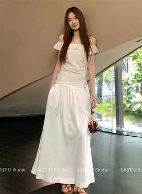 Best U简约白色半身裙女夏季新款高腰长裙a字显瘦百搭气质裙子女