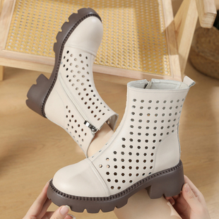 真皮凉靴2025春夏季镂空洞洞女靴厚底舒适百搭休闲短靴中跟大码靴