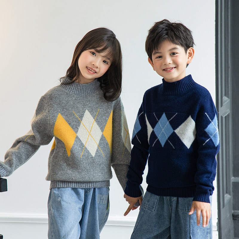 2026新秋冬100%儿童羊毛衫男女童半高领加厚图案长袖毛衣针织套头