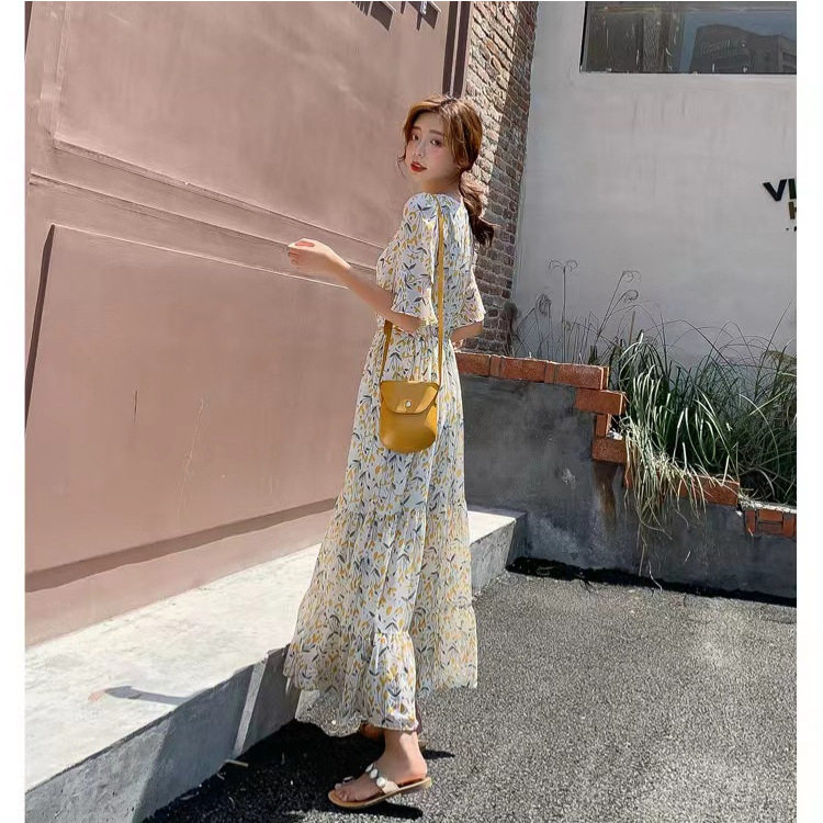碎花连衣裙女2026新款夏装可盐可甜收腰显瘦V领过膝长裙 - 实物图