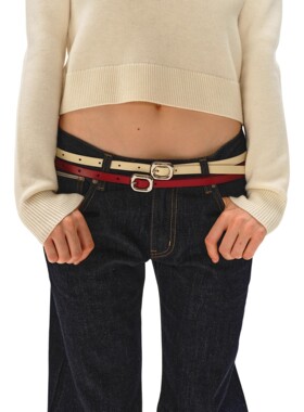 4N0W腰带意大利风头层牛皮银色金属扣头精细裤带真皮女士红色皮带