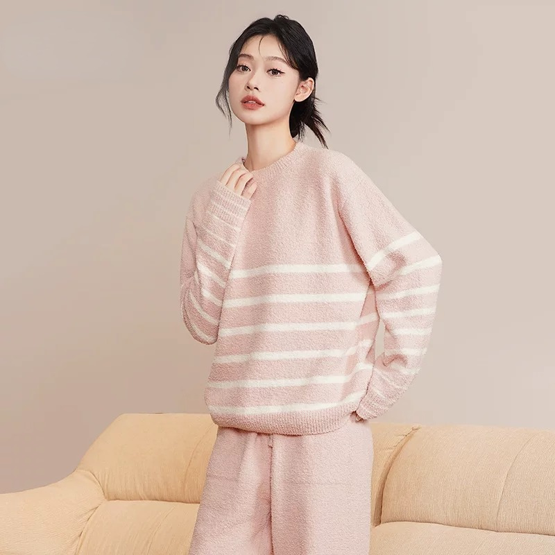 秋冬加绒珊瑚绒女睡衣套装可外穿