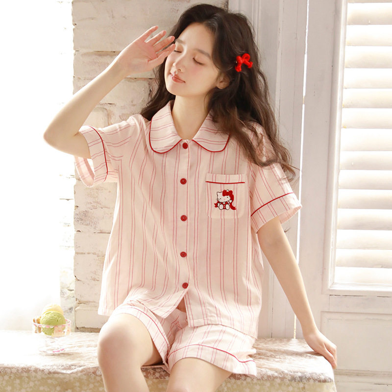 夏季甜美棉纱可外穿睡衣套装女