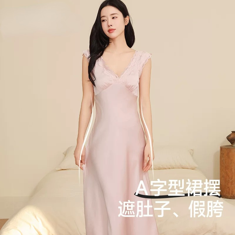 冰丝蕾丝带胸垫长款睡裙