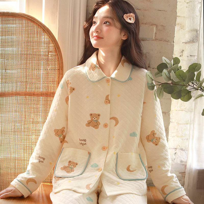 秋冬保暖全棉夹棉女家居服套装